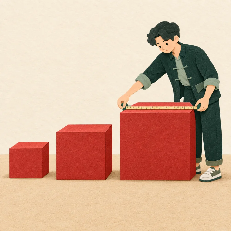Человек измеряет рулеткой самую большую из трёх коробок