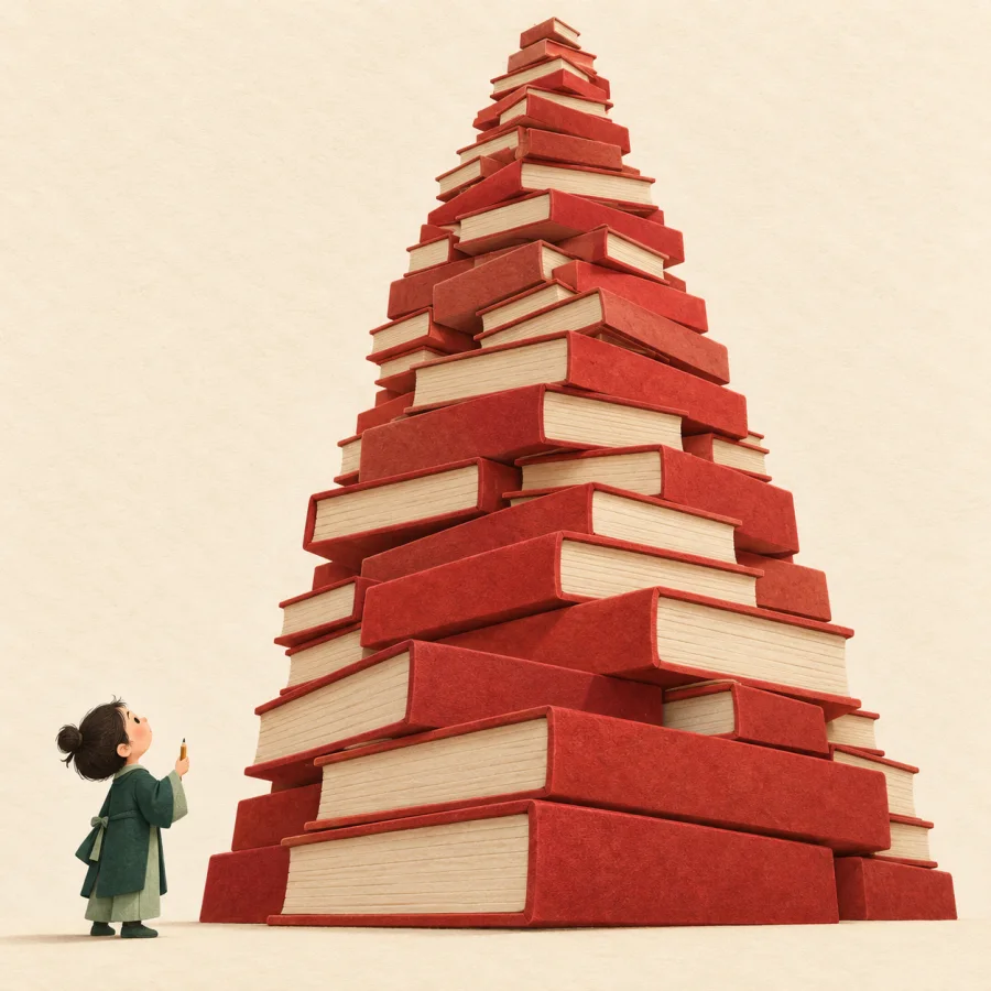 Человек с крошечным карандашом перед горой книг