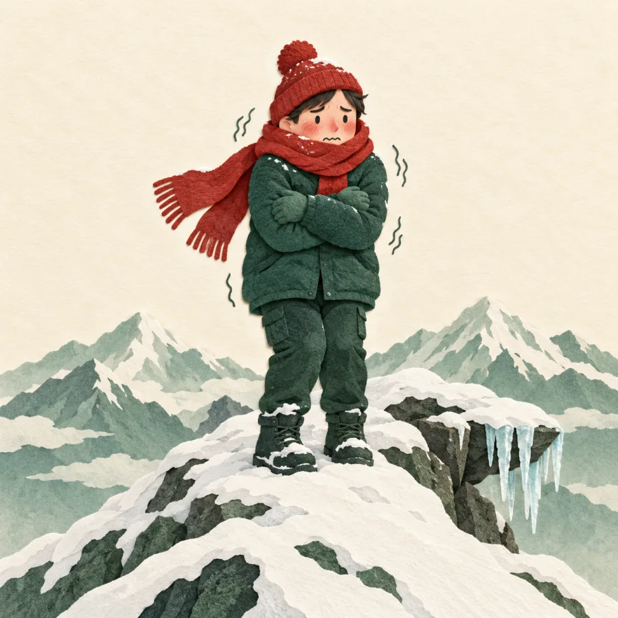 Дрожащий человек в красном шарфе стоит на снежной вершине