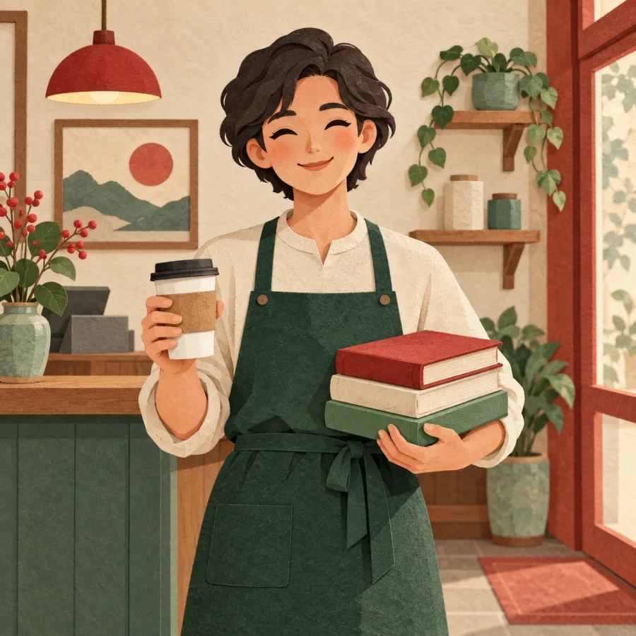 Человек с чашкой кофе и стопкой книг