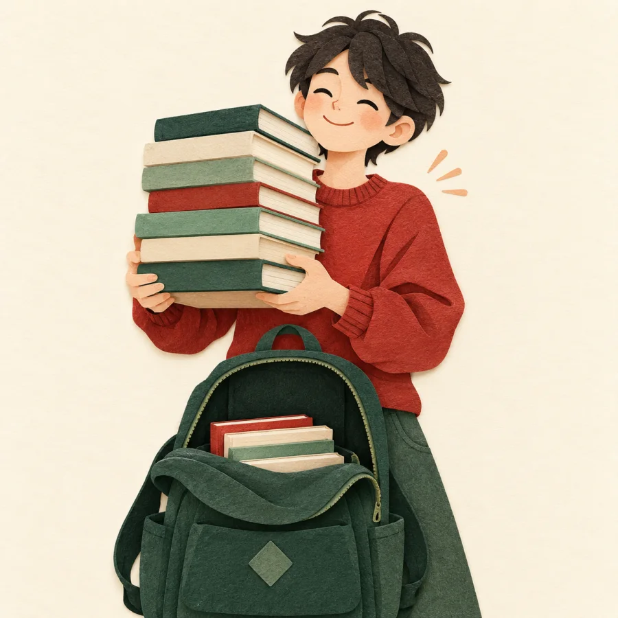 Ученик вынимает книги из тяжёлого рюкзака