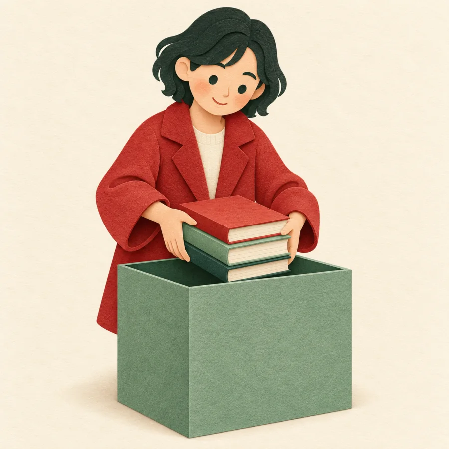 Человек опускает стопку книг в большой зелёный ящик для пожертвований