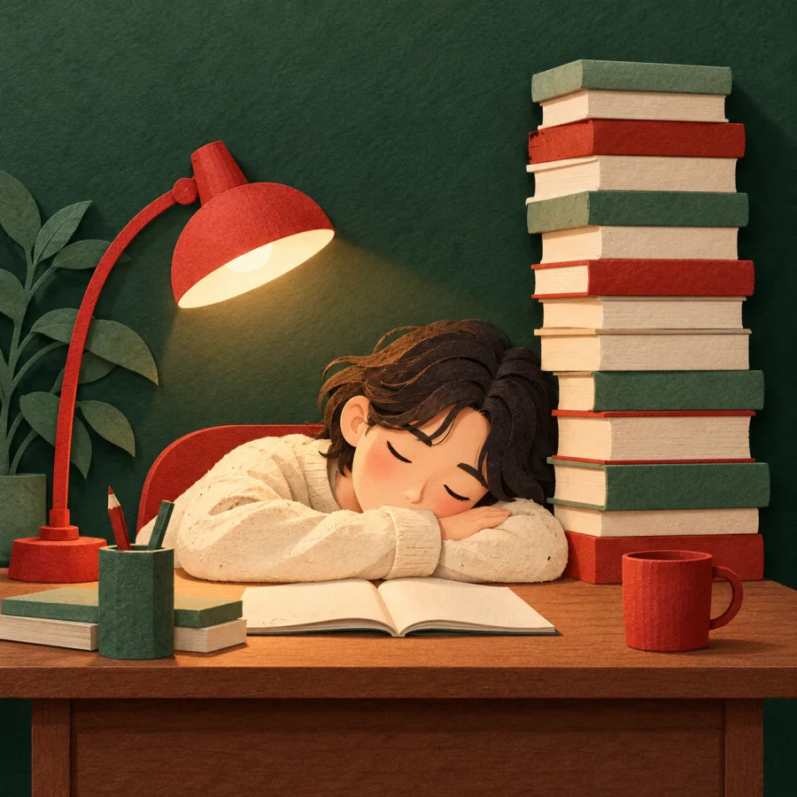 Усталый студент спит за столом под стопкой книг