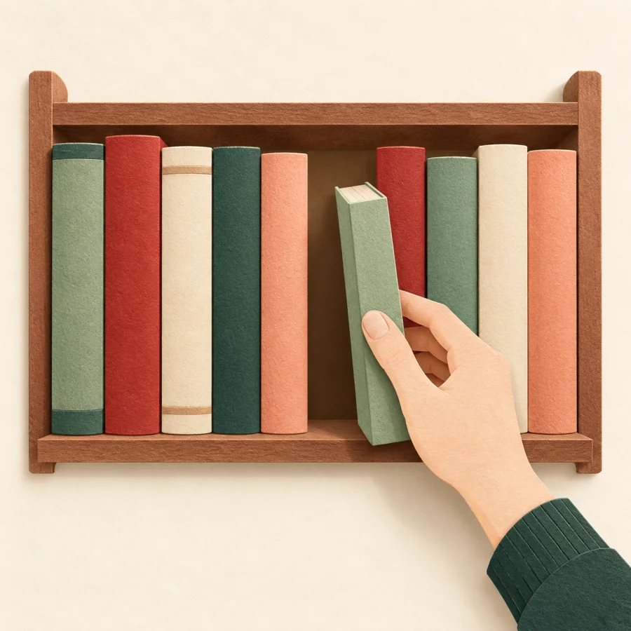 Рука вставляет тонкую книгу в узкую щель на полке