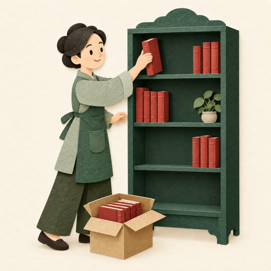 Библиотекарь ставит новые книги на полупустую полку
