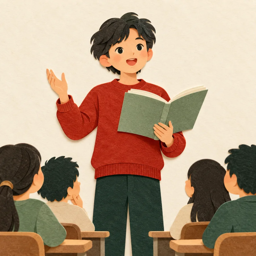Ученик у доски читает вслух из книги, класс слушает