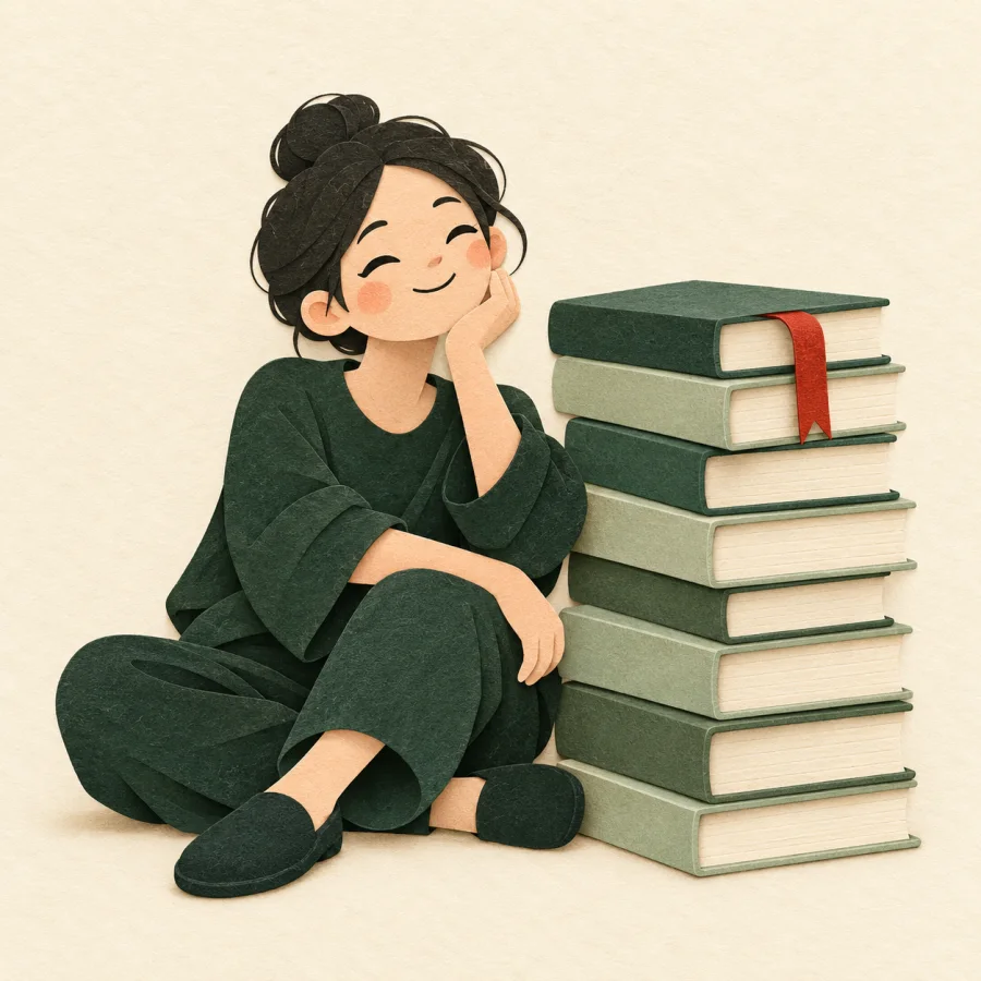 Человек со светлым лицом рядом с высокой стопкой книг