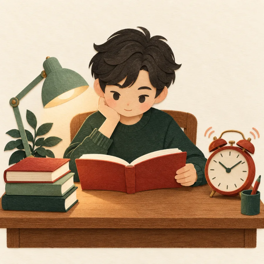 Студент за столом с книгами и будильником, который вот-вот зазвонит