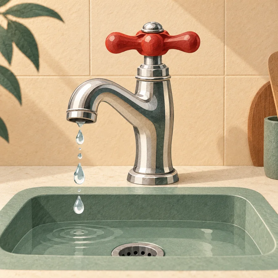 Блестящий кран с капающей водой над раковиной