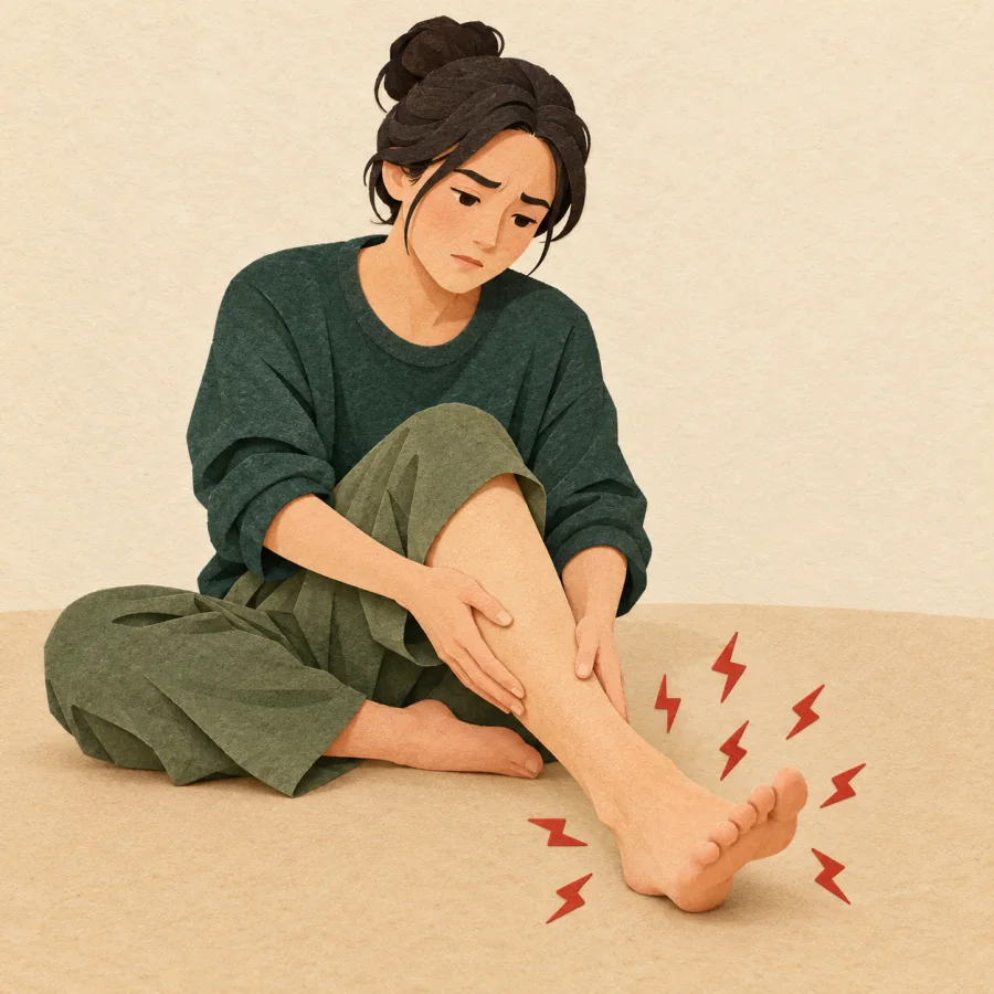 Человек сидит и растирает затёкшую ногу