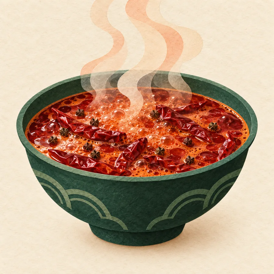 Миска с красным острым бульоном и перцем