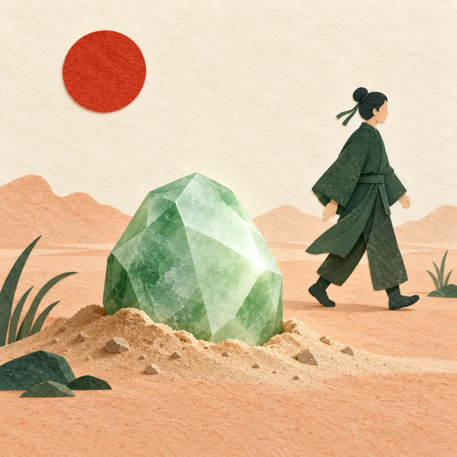 Камень-самоцвет наполовину в песке, человек проходит мимо
