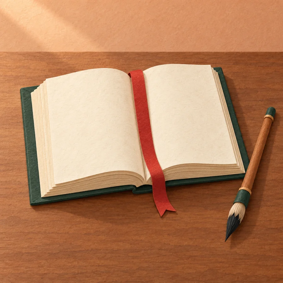 Раскрытая книга с красной закладкой на столе