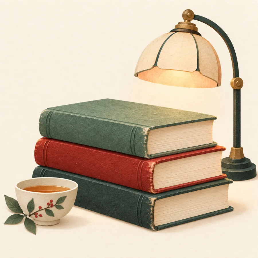 Стопка старых толстых книг и чашка чая