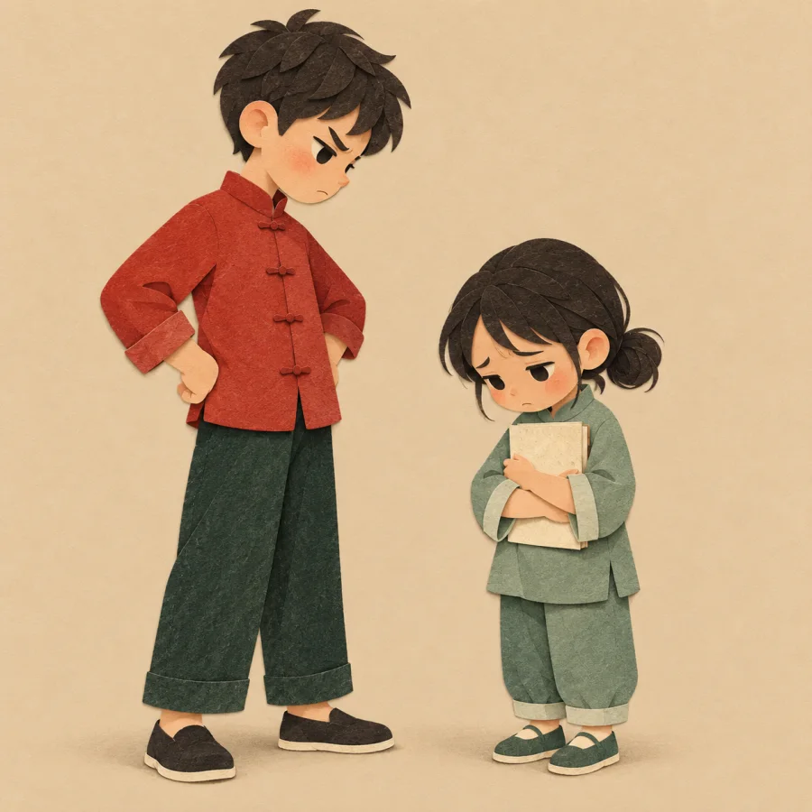 Высокий ребёнок нависает над маленьким с книгой