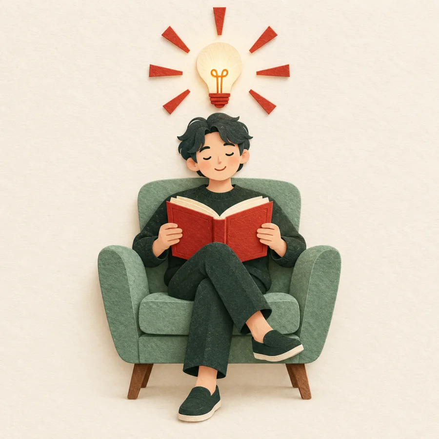 Человек читает книгу, над ним светится лампочка