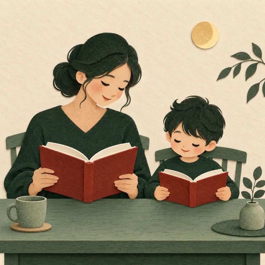 Мать читает за столом, ребёнок рядом с книжкой невольно её копирует