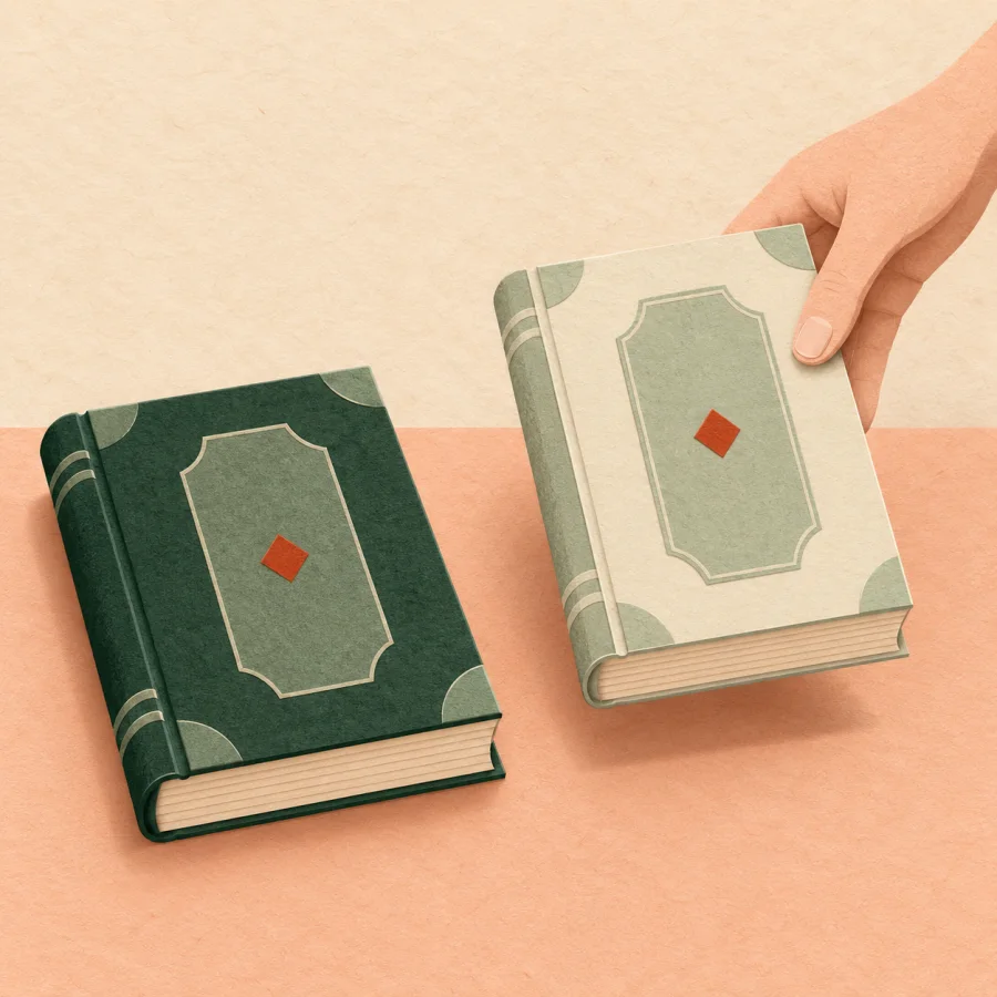 Рука берёт копию книги рядом с похожим оригиналом