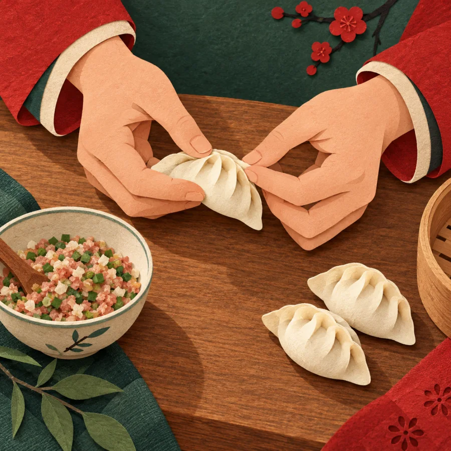 Лепящие пельмени руки на столе, рядом миска