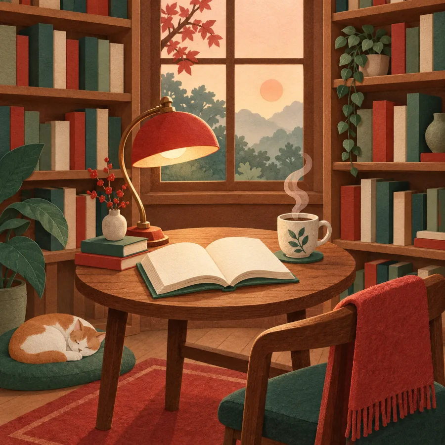 Уютная книжная лавка с деревянными стеллажами и старинной лампой у окна