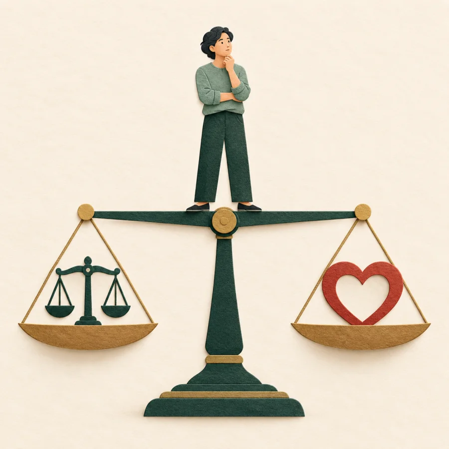 Человек стоит между весами и сердцем, удерживая равновесие.