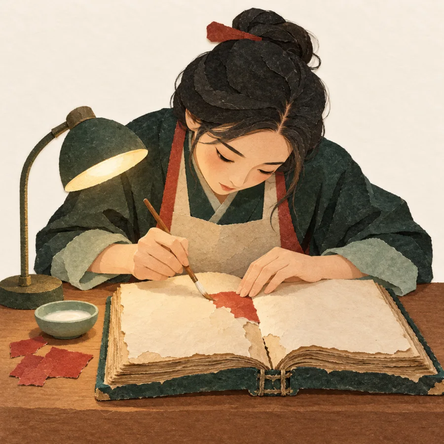 Женщина целиком погружена в восстановление старинной книги за столом