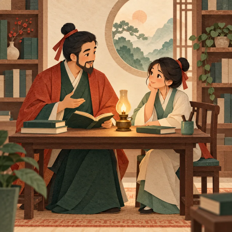 Учитель и ученик читают книги в библиотеке