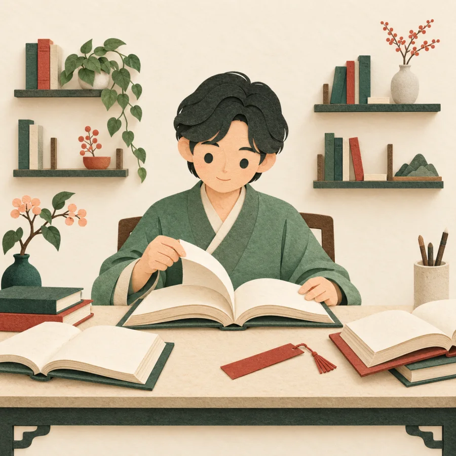 Человек листает сразу несколько книг с разных полок