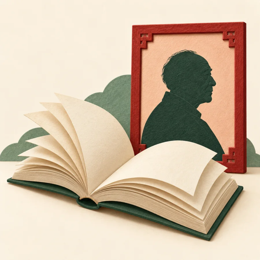 Открытая книга рядом с портретом мужчины в раме