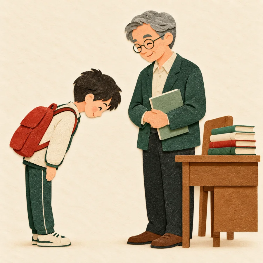 Ученик кланяется учителю у стола с книгами