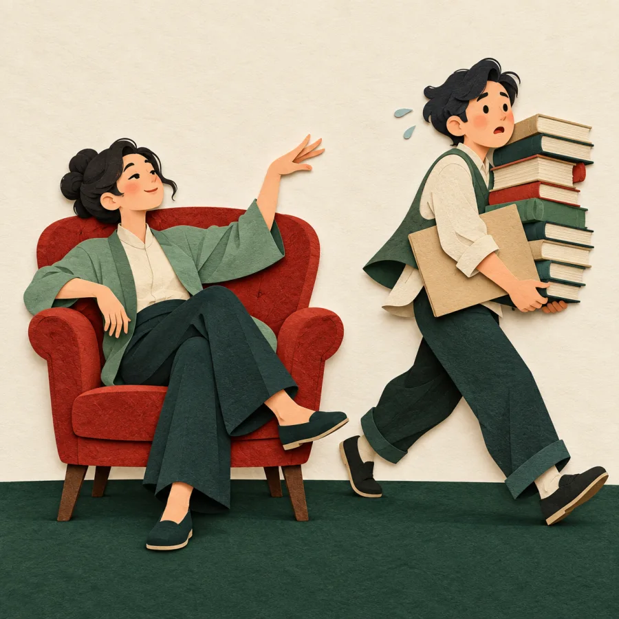Один сидит в кресле и командует, другой спешит с книгами