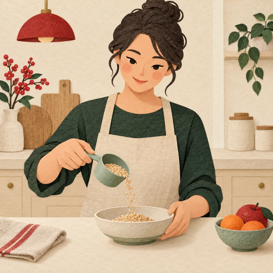 Человек отмеряет порцию еды на кухне