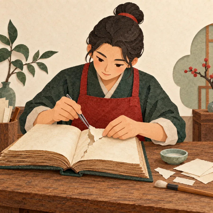 Ремесленник за столом чинит страницу старинной книги