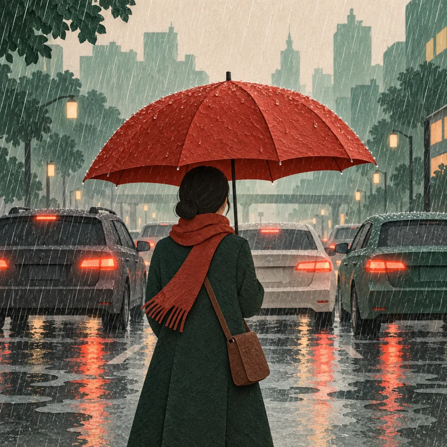 Неподвижные машины на залитой дождём улице, человек с красным зонтом рядом