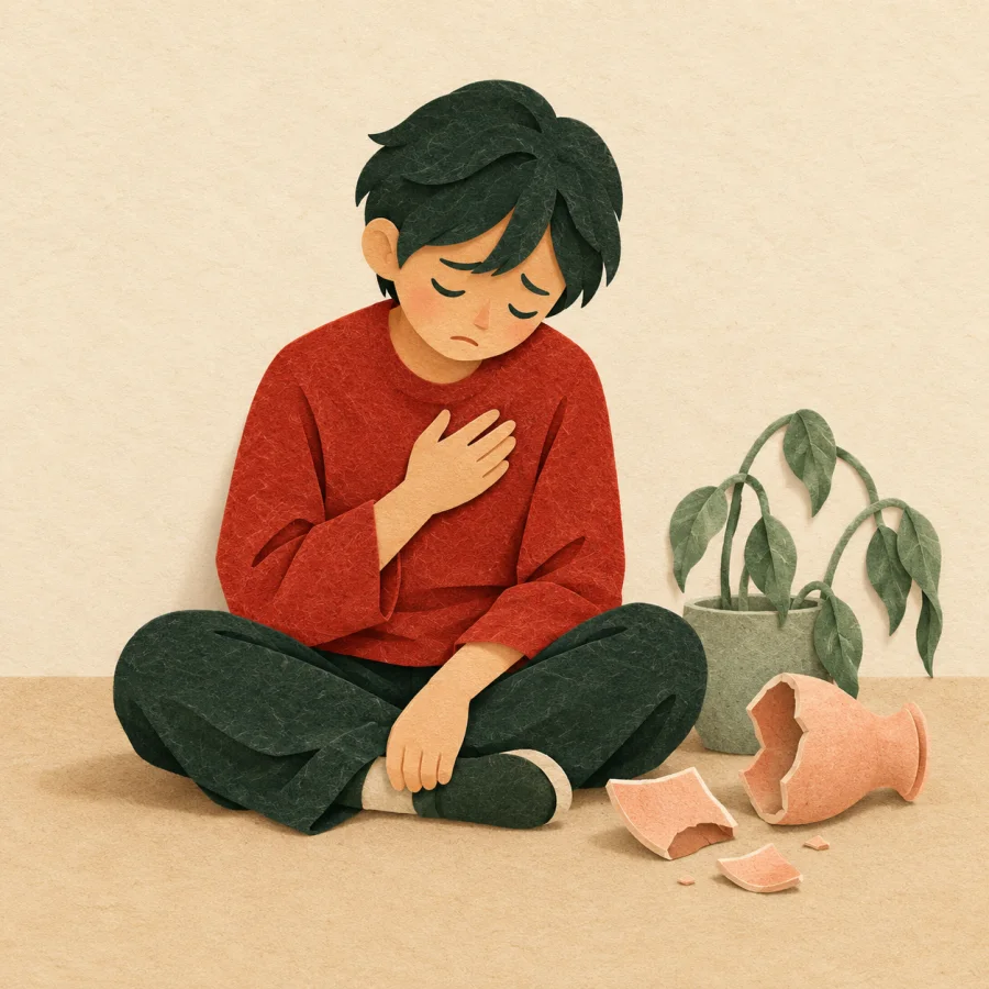 Человек склонил голову и прижимает руку к груди рядом с вазой