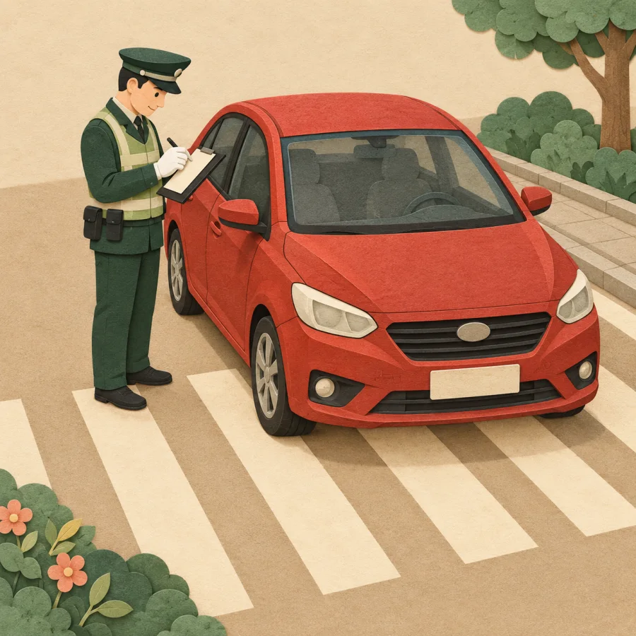 Автомобиль стоит на пешеходном переходе, инспектор выписывает штраф
