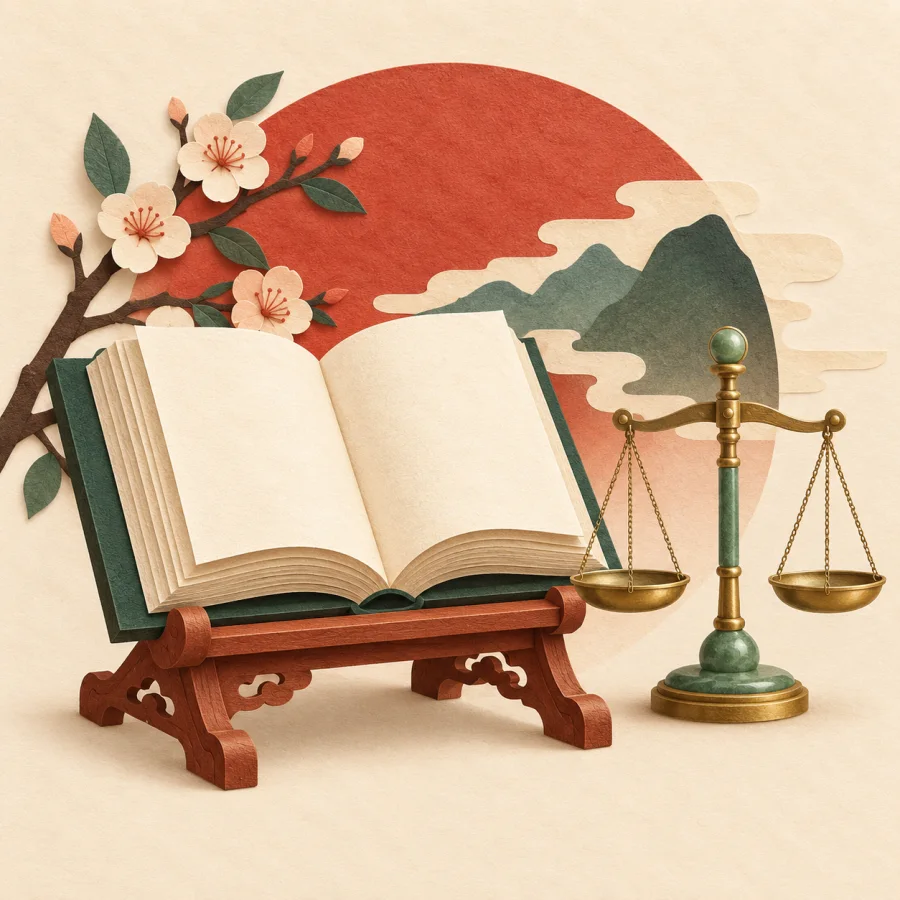 Открытая книга на подставке рядом с весами правосудия