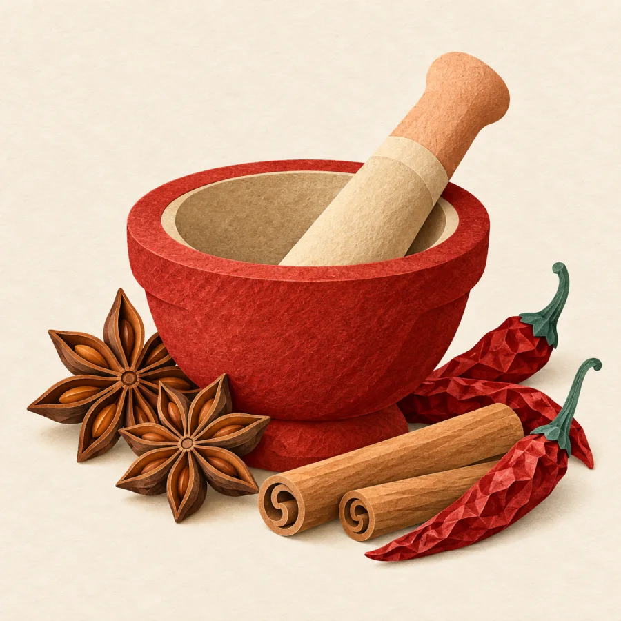 Ступка с бадьяном и палочками корицы