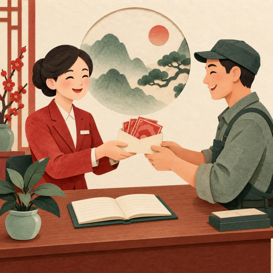 Клерк вручает работнику конверт с банкнотами, рядом книга учёта
